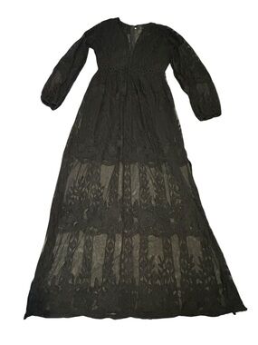Lace Maxi Dress with Black Floral Embroidery. Size M. Black